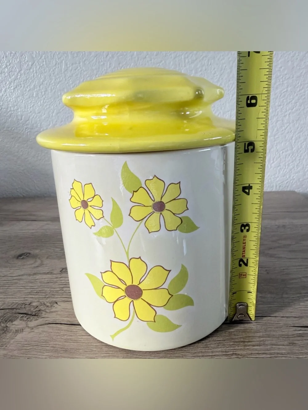 Vintage Holiday Designs Yellow Flowers CeramicGlazed Canister Yellow Lid Retro